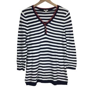 TALBOTS Sweater Red White Blue Stripe Henley V Neck Buttons 3/4 Sleeves Large